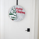 Merry Christmas Wooden Door Sign – Laser Cut Holiday Front Porch Décor | Snowy Tree & Snowflake Design
