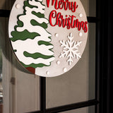 Merry Christmas Wooden Door Sign – Laser Cut Holiday Front Porch Décor | Snowy Tree & Snowflake Design