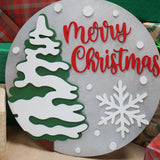 Merry Christmas Wooden Door Sign – Laser Cut Holiday Front Porch Décor | Snowy Tree & Snowflake Design