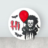 Pennywise “Hi” Wooden Door Sign – Horror Movie Halloween Decor | Laser Cut Round Sign